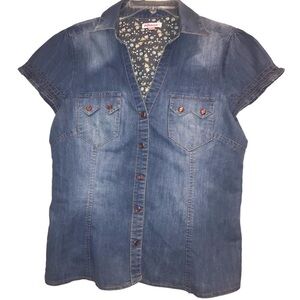 dollhouse Juniors Pearl Snap Denim Western Style Short Cap Sleeve Shirt L